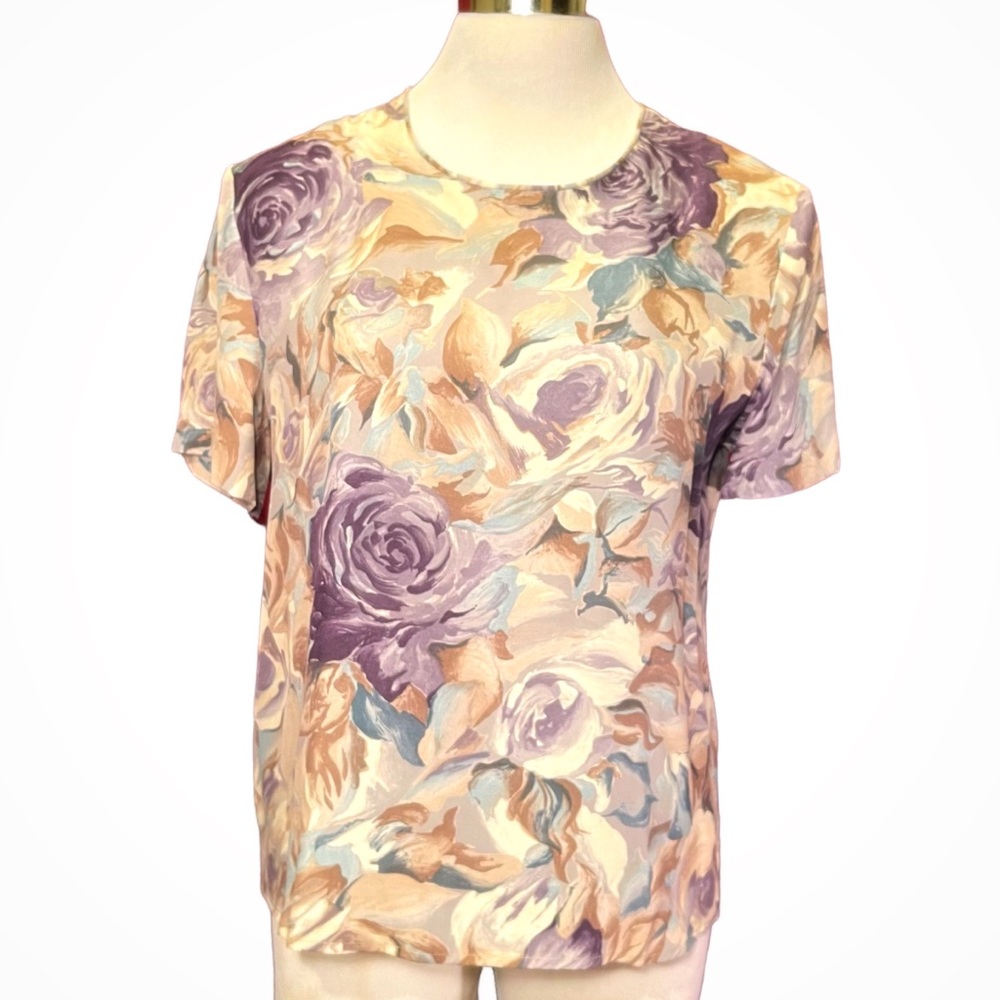 Short Sleeve Floral Purple Rose Blouse Top
